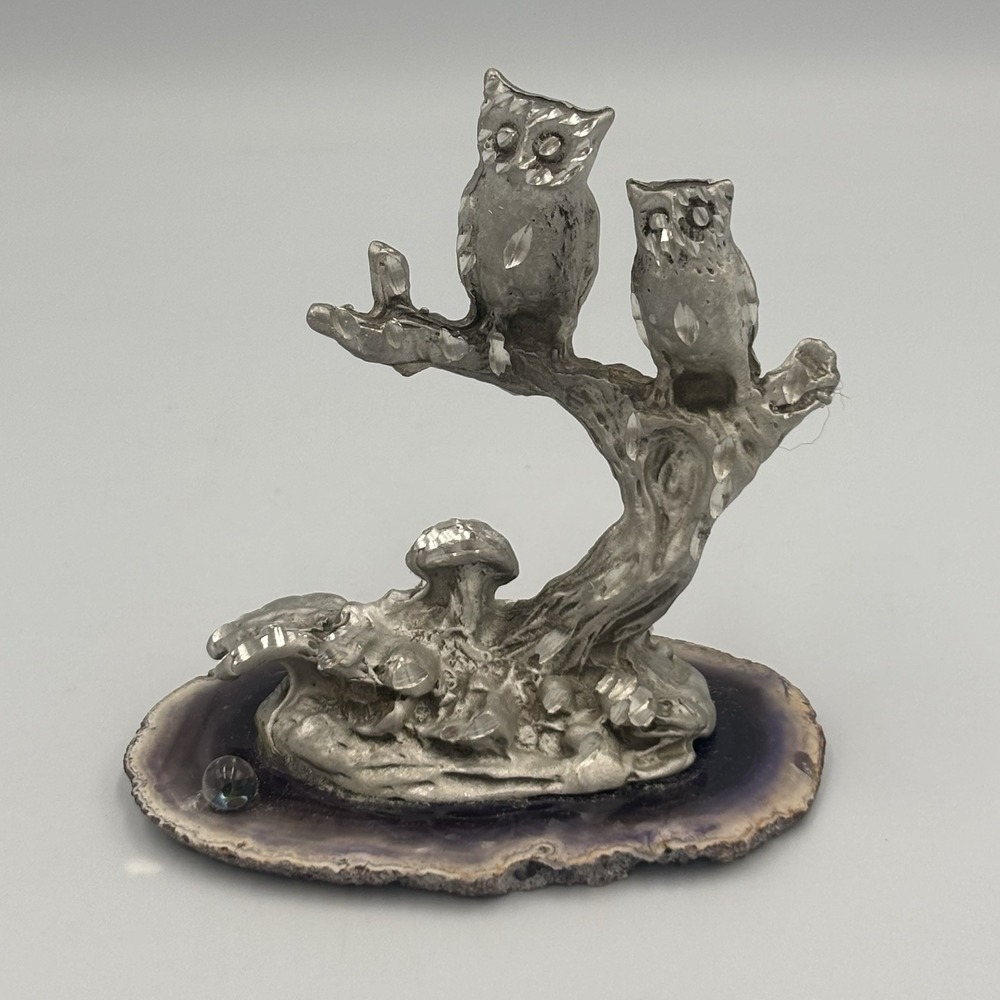 Vintage Pewter Owls On Branch with Mushrooms Figure on Purple Agate - Picture 2 of 16